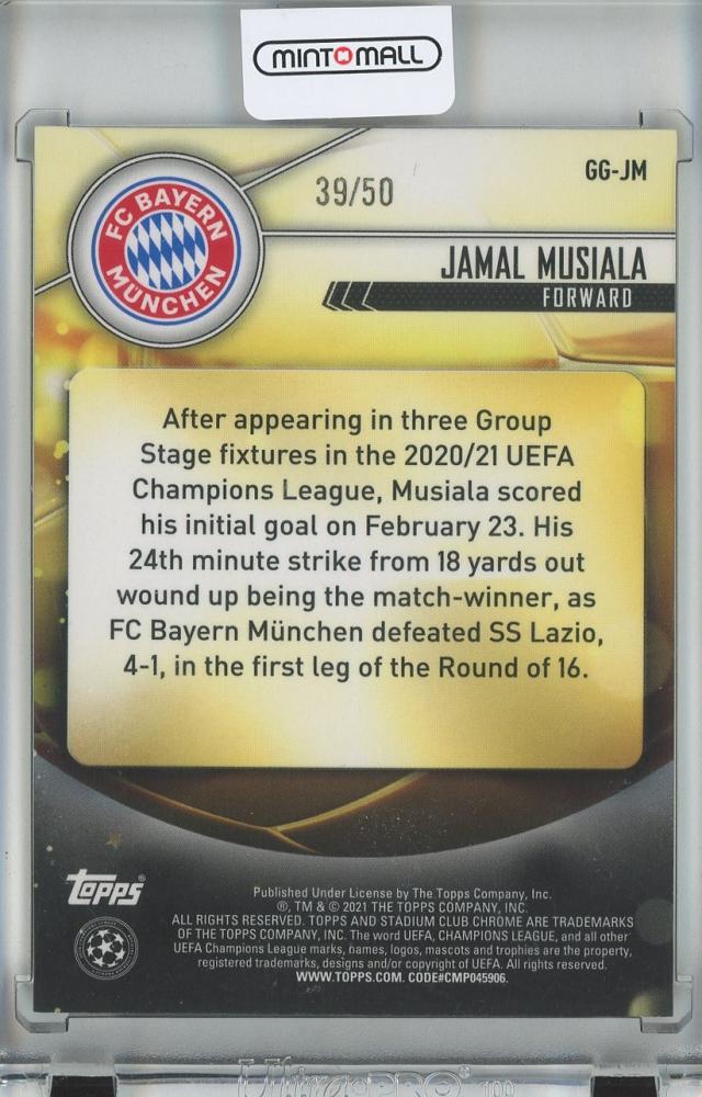 2020-21 Topps Stadium Club Chrome UEFA Champions League Jamal Musiala Glimpses of Gold/Gold/RC/#GG-JM39/50 FC Bayern Munchen