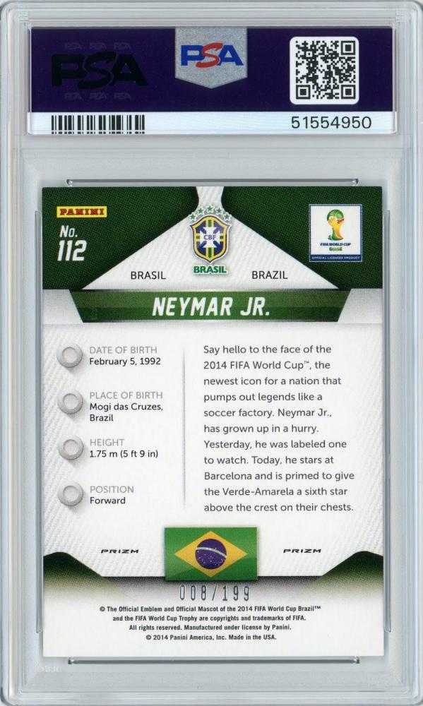 2014 PANINI Prizm FIFA World Cup Neymar Jr. Blue Prizm card #112 numbered 008/199 graded PSA9 Mint Brazil