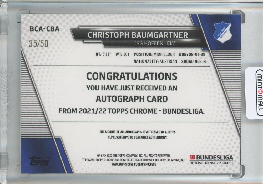 2021-22 TOPPS CHROME BUNDESLIGA Christoph Baumgartner Base Autograph/Gold/#BCA-CBA35/50 TSG Hoffenheim