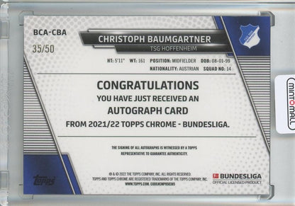 2021-22 TOPPS CHROME BUNDESLIGA Christoph Baumgartner Base Autograph/Gold/#BCA-CBA35/50 TSG Hoffenheim