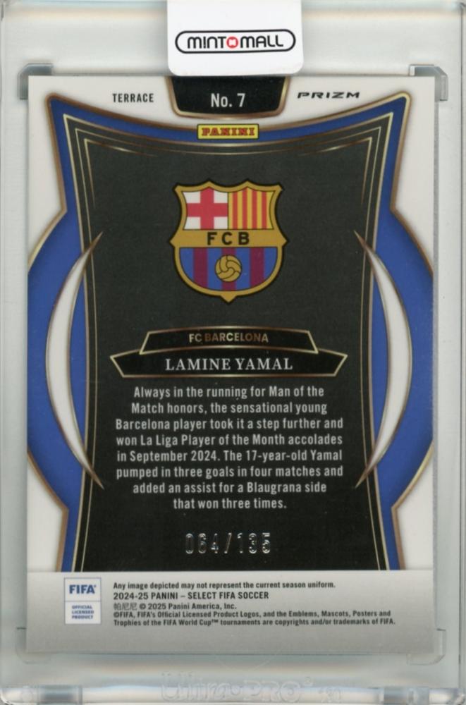 2024-25 Panini Select FIFA trading card featuring Lamine Yamal with camouflage design and serial number 7064/135