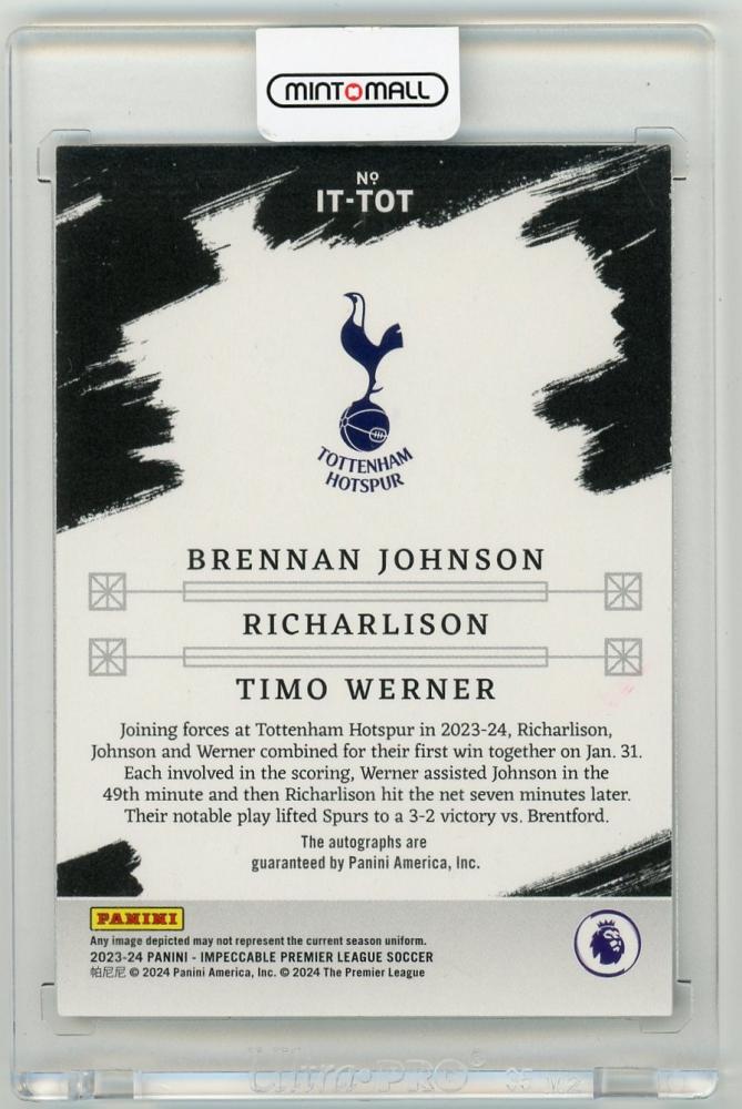 2023-24 Panini Impeccable Premier League Timo Werner Brennan Johnson Richarlison Triple Autographs Ruby Parallel 8/10 trading card