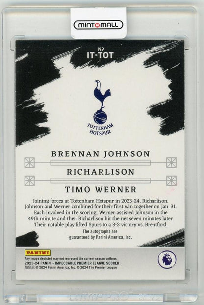 2023-24 Panini Impeccable Premier League Timo Werner Brennan Johnson Richarlison Triple Autographs Ruby Parallel 8/10 trading card