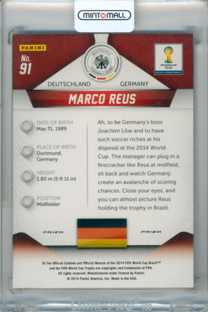 2014 Panini Prizm World Cup trading card of Marco Reus #91 featuring Blue and Red Wave Prizms Parallel