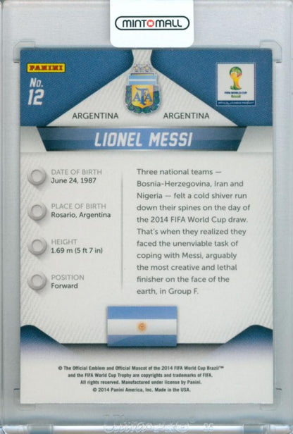2014 Panini Prizm World Cup Lionel Messi base card number 12 featuring Lionel Messi in action