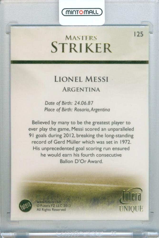 2013 Futera Unique Soccer trading card featuring Lionel Messi numbered 125 with Masters Striker title