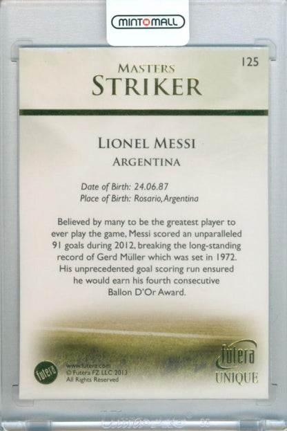 2013 Futera Unique Soccer trading card featuring Lionel Messi numbered 125 with Masters Striker title
