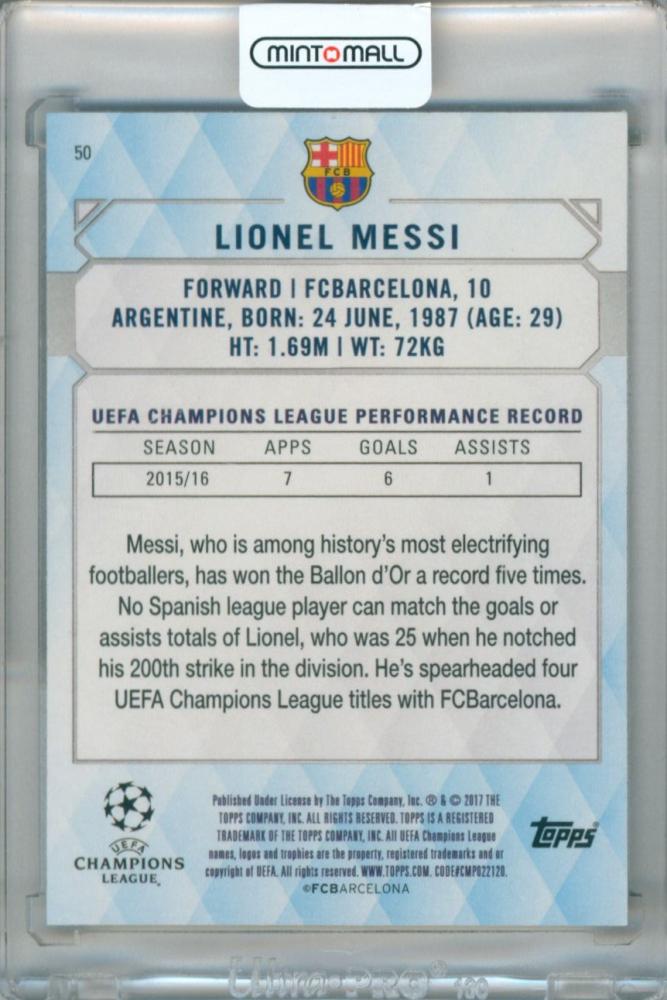 2016-17 Topps UEFA Champions League Lionel Messi #50 Base Gold Parallel trading card serial 08/99
