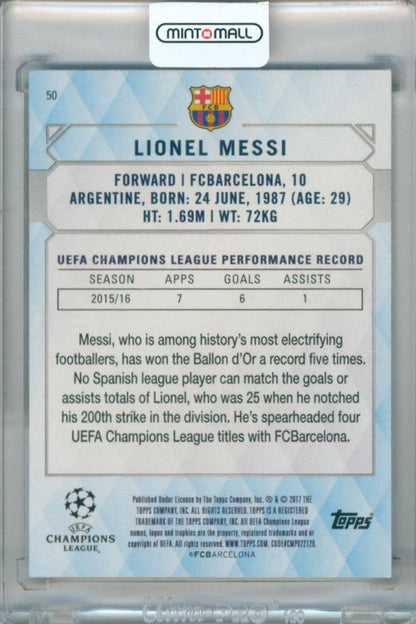 2016-17 Topps UEFA Champions League Lionel Messi #50 Base Gold Parallel trading card serial 08/99