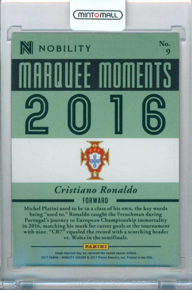 2017 Panini Nobility trading card featuring Cristiano Ronaldo with #9 Marquee Moments designation