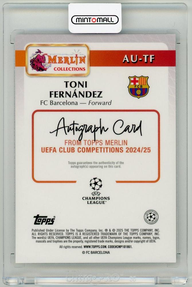 2024-25 Topps Merlin UEFA Club Competitions Toni Fernandez Autograph card for FC Barcelona