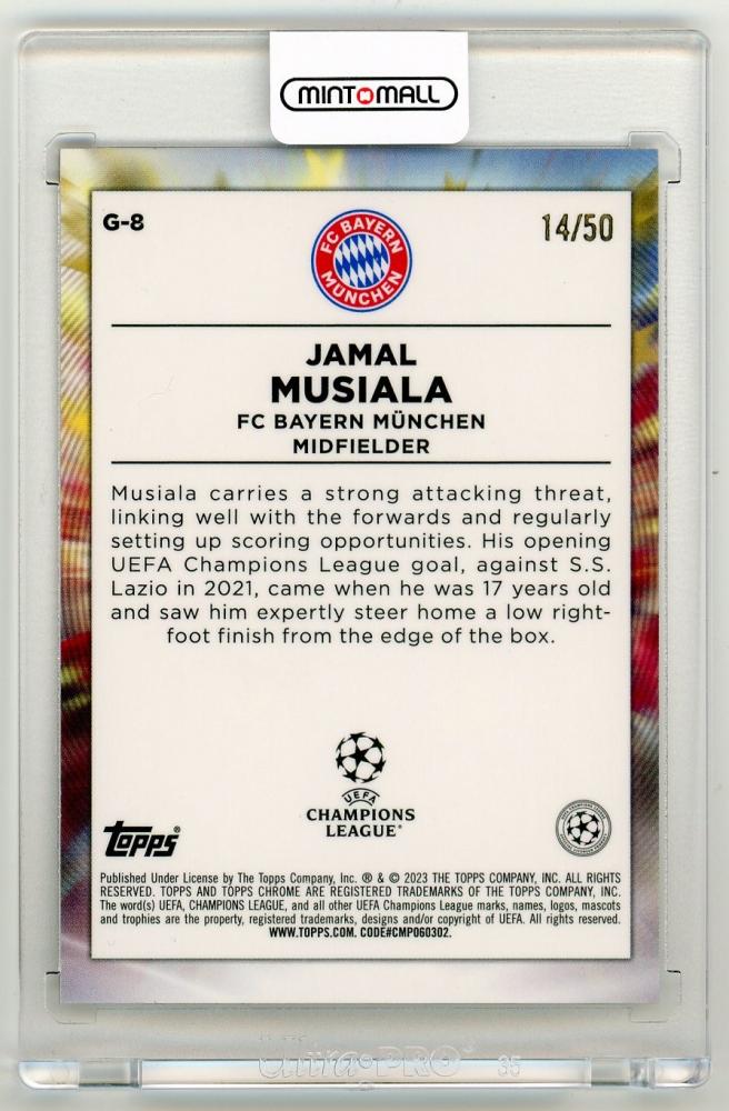 2022-23 TOPPS Chrome UEFA Club Competitions Jamal Musiala Golazo Gold Refractor Parallels14/50 FC Bayern Munchen