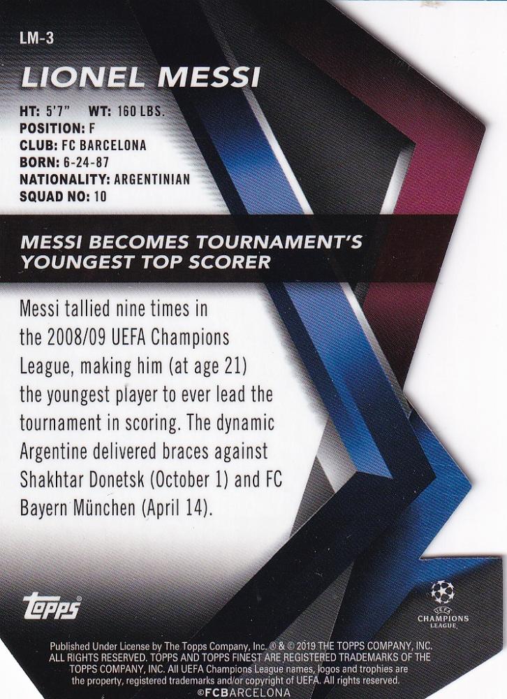 2018-19 Topps Finest UEFA Champions League Lionel Messi FC Barcelona Finest Careers Die-Cut trading card