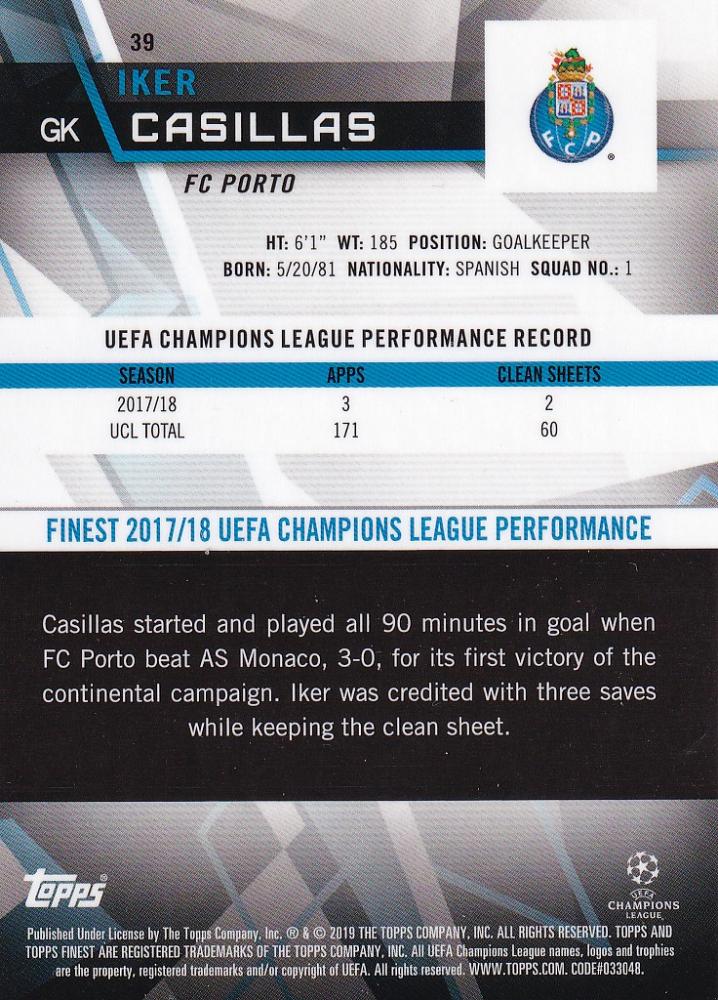 2018-19 Topps Finest UEFA Champions League FC Porto Iker Casillas Base Orange Parallel Card 08 of 25
