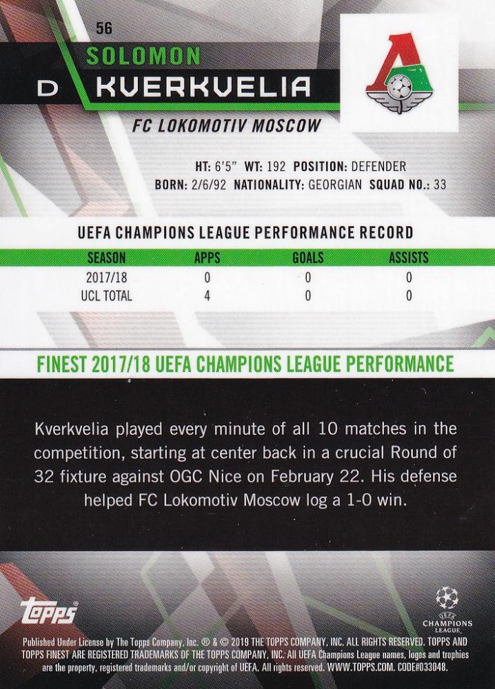 2018-19 Topps Finest UEFA Champions League FC Lokomotiv Moscow Solomon Kverkvelia Base Red Parallel card numbered 05/10