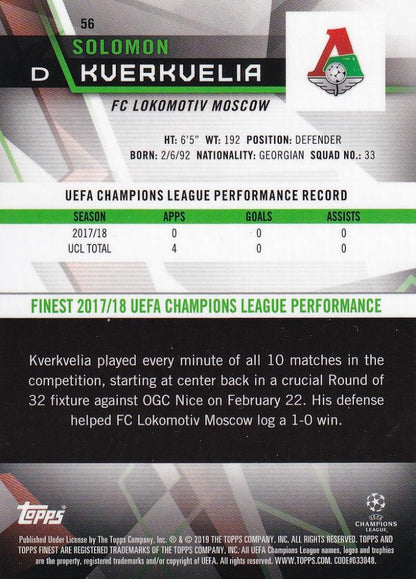 2018-19 Topps Finest UEFA Champions League FC Lokomotiv Moscow Solomon Kverkvelia Base Red Parallel card numbered 05/10