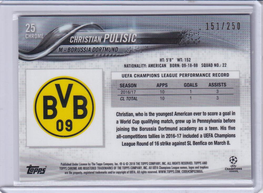 2017-18 Topps Chrome UEFA Champions League Christian Pulisic Base Purple Parallel card numbered 151/250