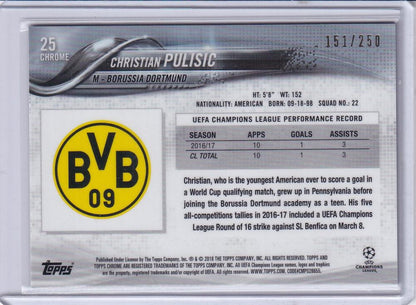 2017-18 Topps Chrome UEFA Champions League Christian Pulisic Base Purple Parallel card numbered 151/250