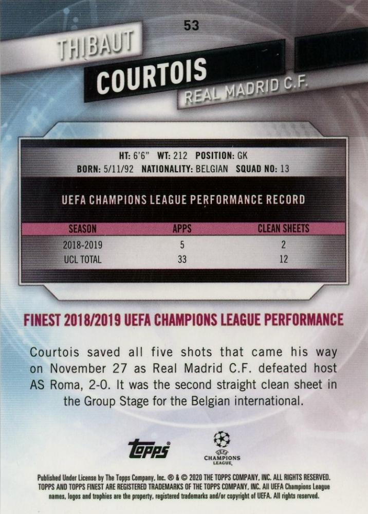2019-20 Topps Finest UEFA Champions League Thibaut Courtois Orange Refractors trading card #53 out of 25
