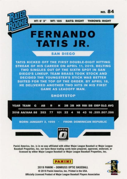 2019 Panini Donruss Optic Fernando Tatis Jr. Base Rookie Card number 84 showing player image and details