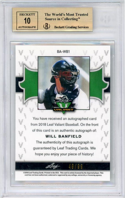 2018 Leaf Valiant Will Banfield Green Auto trading card graded BGS 10 PRISTINE with serial 48 of 99