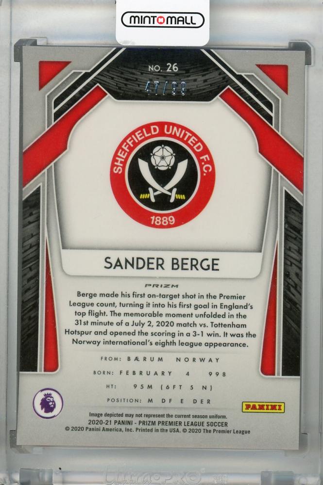 2020-21 Panini Prizm Premier League Sheffield United Sander Berge Base Purple RC card serial 47 of 99