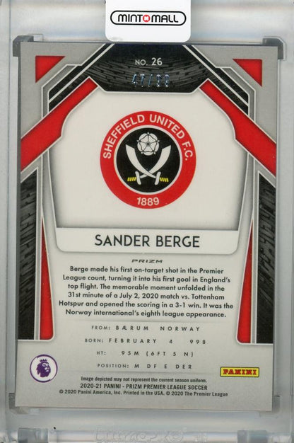 2020-21 Panini Prizm Premier League Sheffield United Sander Berge Base Purple RC card serial 47 of 99