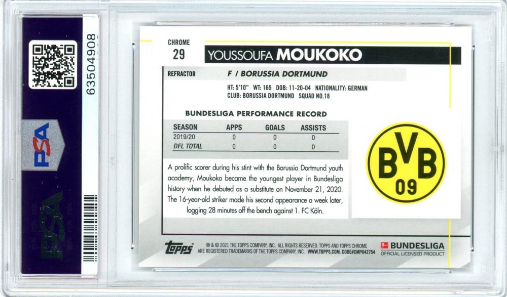 2020-21 Topps Chrome Bundesliga Borussia Dortmund Youssoufa Moukoko Base Refractor trading card graded PSA 10