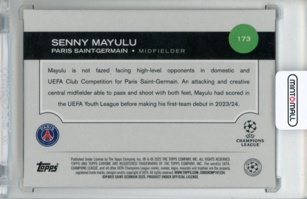 2024-25 Topps Chrome Uefa Club Competition Senny Mayulu #173 Base Orange Lava Refractor Parallel25/25 Last Number Paris Saint-Germ