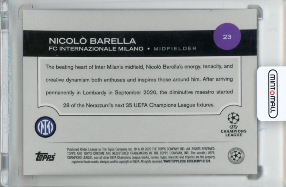 2024-25 Topps Chrome Uefa Club Competition Nicolo Barella #23 Base Orange Lava Refractor Parallel07/25 FC Internazionale Milano