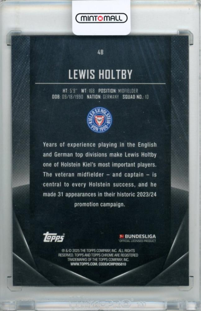 2024-25 Topps Midnight Bundesliga Lewis Holtby #48 Base Moon Beam Parallel19/49 Holstein Kiel