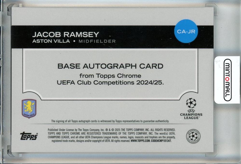 2024-25 Topps Chrome UEFA Club Competitions Jacob Ramsey Chrome Autographs Pink Lava Refractors #CA-JR011/250 Aston Villa