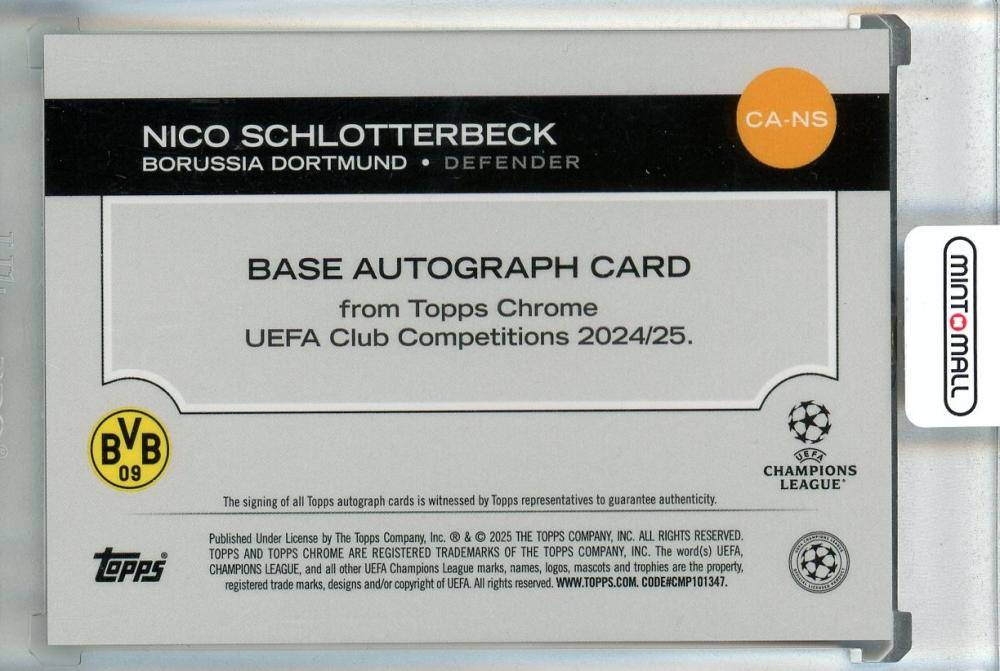 2024-25 Topps Chrome UEFA Club Competitions Nico Schlotterbeck Black Refractors #CA-NS03/10 Borussia Dortmund