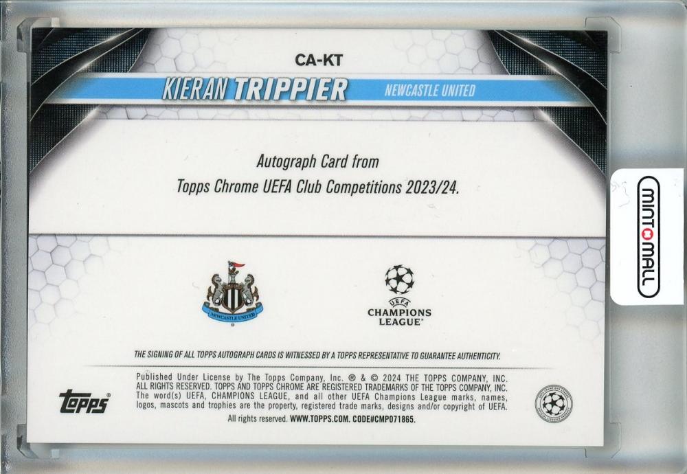 2023-24 Topps Chrome UEFA Club Competitions Kieran Trippier Chrome Autographs Blue Refractors #CA-KT119/150 Newcastle United