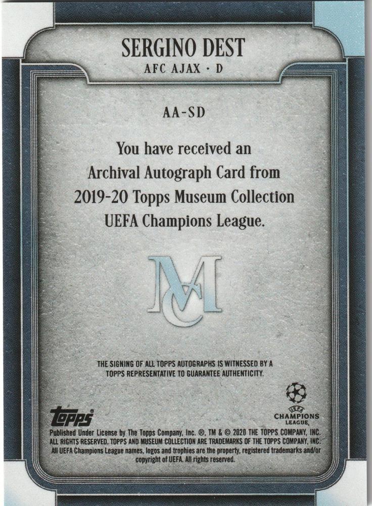 2019-20 Topps Museum Collection UEFA Champions League Archival Autographs Sapphire Sergino Dest card serial 52 of 75