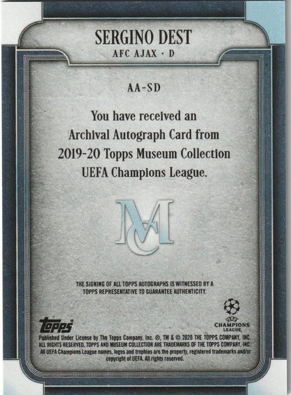 2019-20 Topps Museum Collection UEFA Champions League Archival Autographs Sapphire Sergino Dest card serial 52 of 75