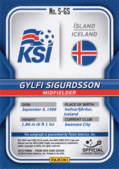 2016 Panini Euro Prizm Gylfi Sigurdsson autograph trading card with minor stain on the back