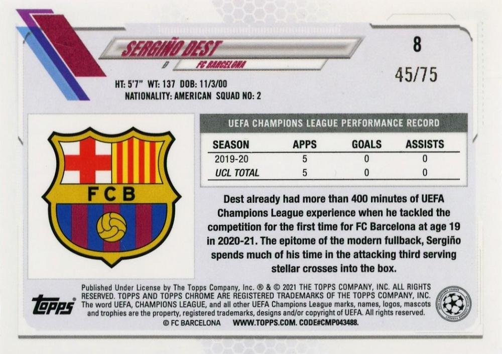 2020-21 Topps Chrome UEFA Champions League Sergino Dest Blue Wave Refractors card numbered 45 out of 75