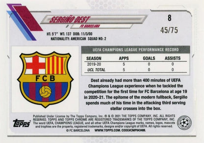 2020-21 Topps Chrome UEFA Champions League Sergino Dest Blue Wave Refractors card numbered 45 out of 75