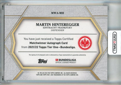 2021-22 Topps Tier One Bundesliga Martin Hinteregger Matchwinner Autographs Purple #MWAMH16/50 Eintracht Frankfurt