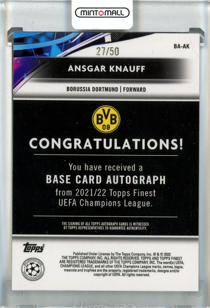 2021-22 Topps Finest UEFA Champions League Ansgar Knauff Autographs Gold Refractors #BAAK27/50 DAMAGED Borussia Dortmund