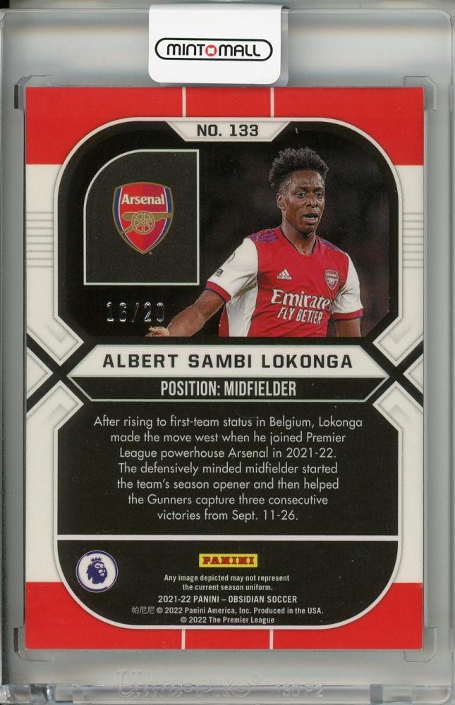 2021-22 PANINI OBSIDIAN Arsenal Albert Sambi Lokonga card #133 Electric Etch Blue serial 16 of 20