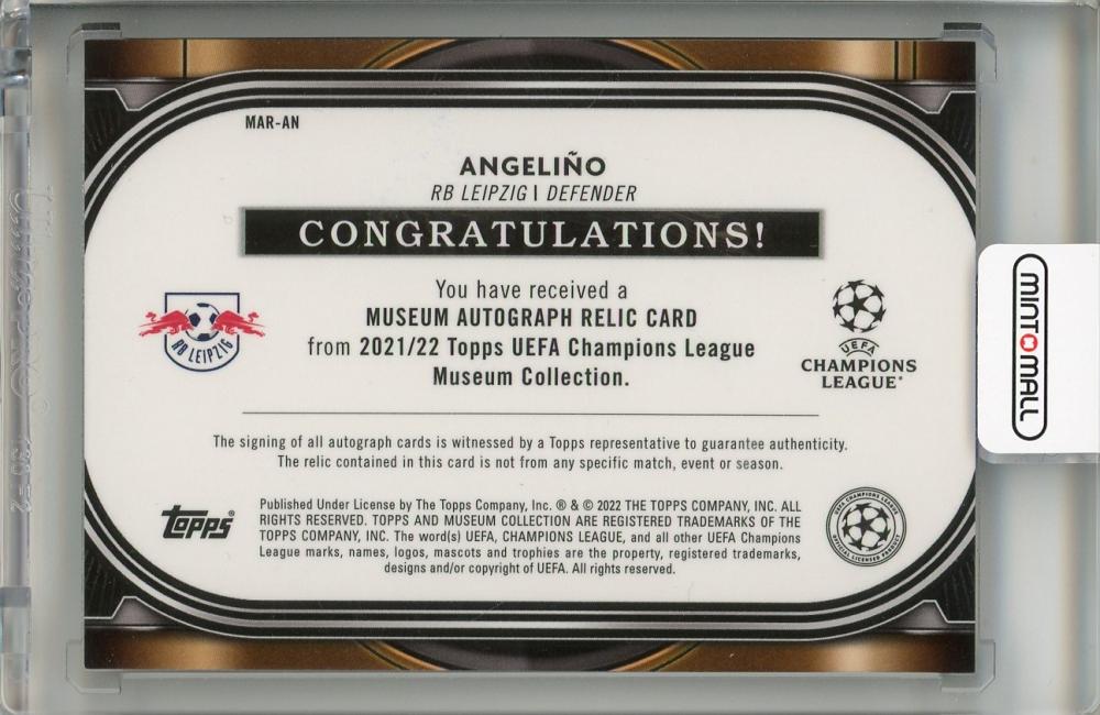 2021-22 TOPPS Museum Collection UEFA Champions League RB Leipzig Angelino autograph relic card numbered 27 of 250