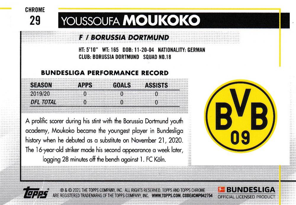 2020-21 Topps Chrome Bundesliga Borussia Dortmund Youssoufa Moukoko Base trading card
