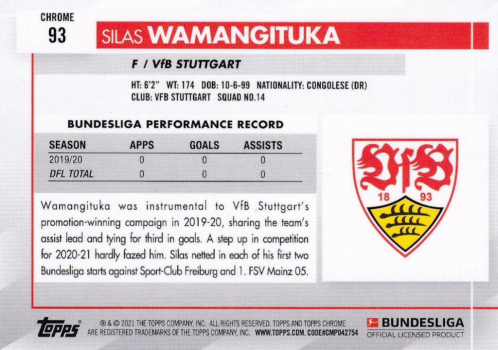2020-21 Topps Chrome Bundesliga trading card of Silas Wamangituka from VfB Stuttgart base set