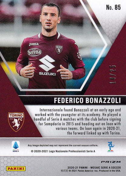 2020-21 Panini Mosaic Serie A Torino FC Federico Bonazzoli Pink Base Parallel trading card 14 of 25