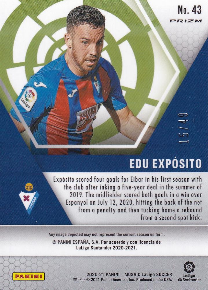 2020-21 Panini Mosaic La Liga SD Eibar Edu Exposito Base Purple trading card numbered 15 out of 49