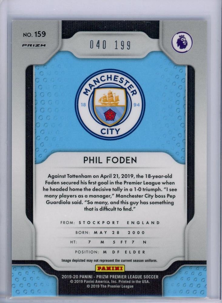 2019-20 Panini Prizm Premier League Manchester City Phil Foden Base Blue parallel card numbered 040 of 199