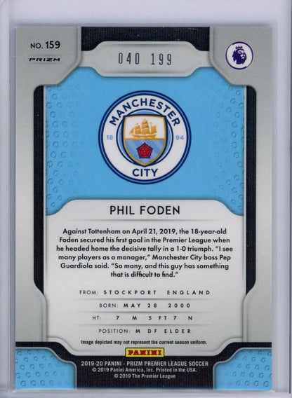 2019-20 Panini Prizm Premier League Manchester City Phil Foden Base Blue parallel card numbered 040 of 199