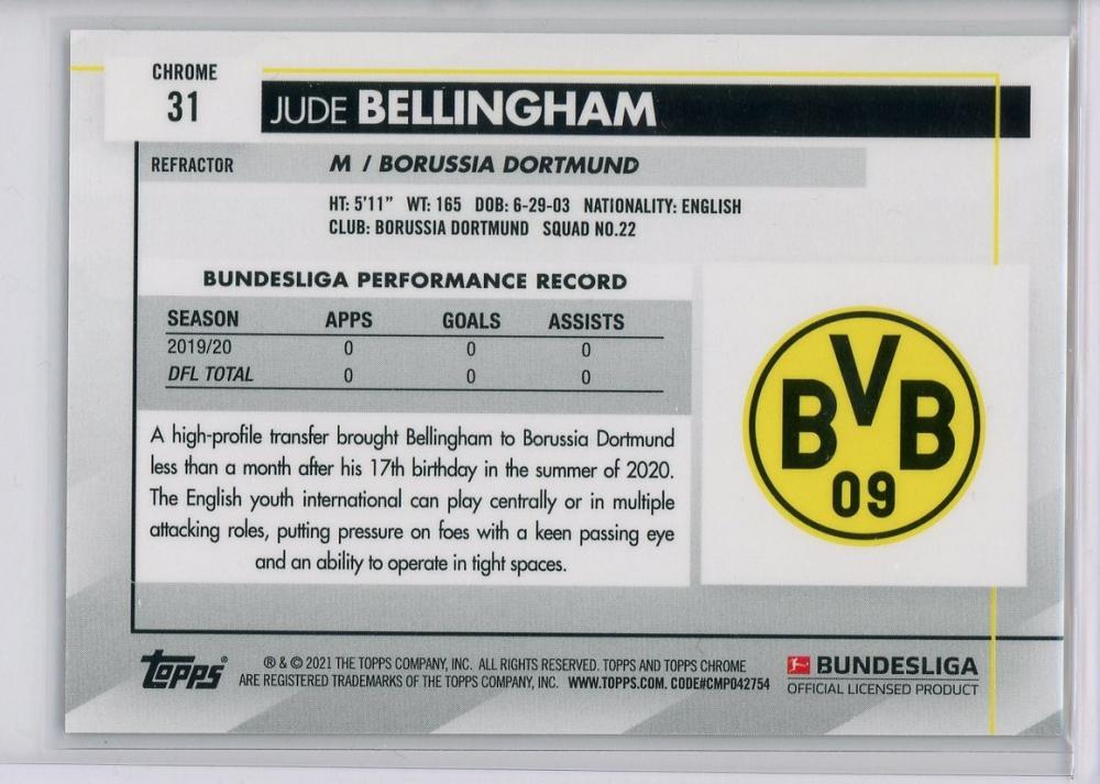 2020-21 Topps Chrome Bundesliga Borussia Dortmund Jude Bellingham Base Refractor Parallel trading card
